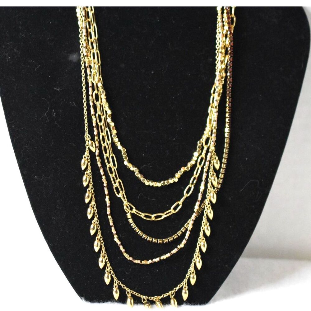 Loft Reto Gold Tone Red Rhinestone Multi Layer/Style Chain Bib Glam Necklace